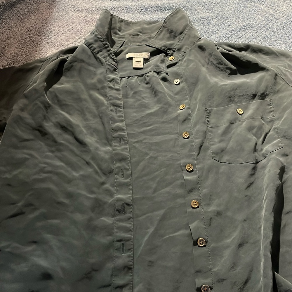 i crew button grey blouse